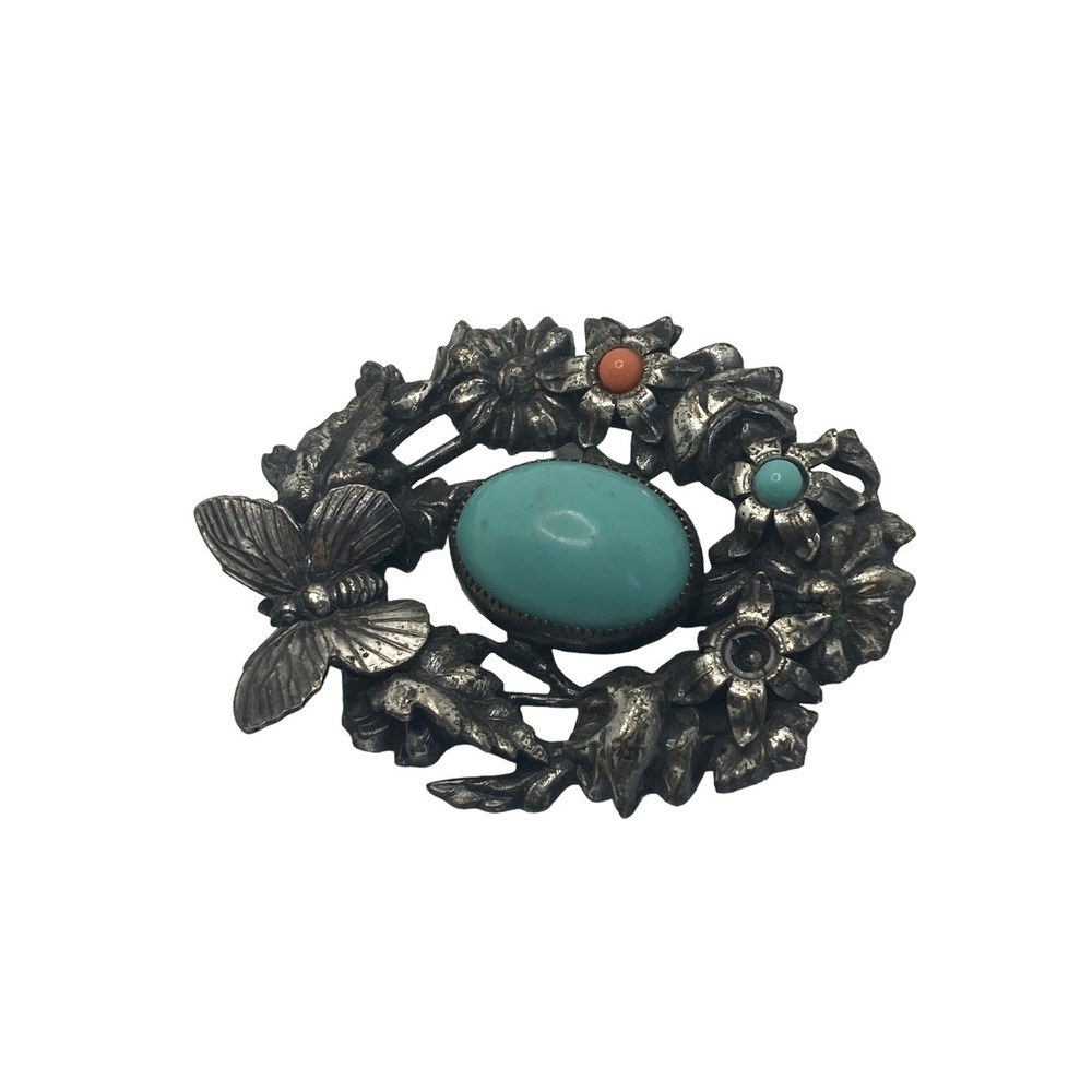Vintage Butterfly Turquoise Floral Brooch